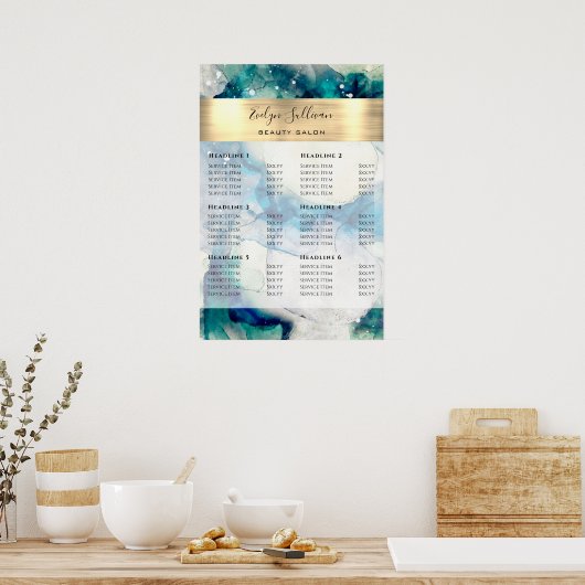Poster met de blauwe Blauwgroen Waterverf Gold Foi (Keuken)