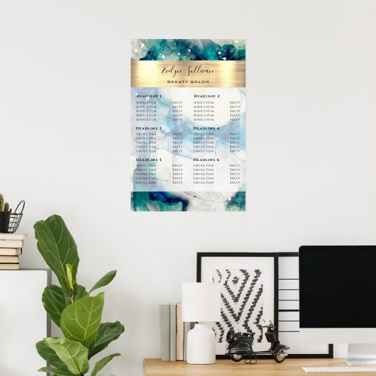 Poster met de blauwe Blauwgroen Waterverf Gold Foi (Thuiskantoor)