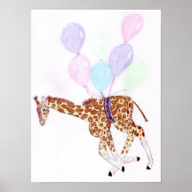 Poster met giraffe die met ballonnen vliegt