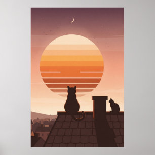 Poster met katten die retro zonsondergang boven da
