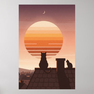 Poster met katten die retro zonsondergang boven da
