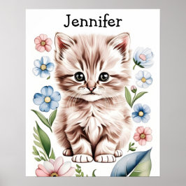 Poster met knuffelbare kat en lente bloemen