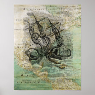 Poster met  kraken, schip op de kaart