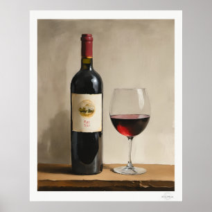 Poster met rode wijnfles en glas