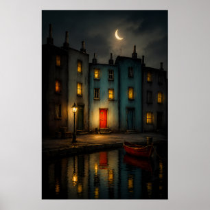 Poster met schemerig grachtenlandschap bij nacht