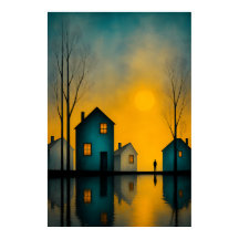 Poster met somber surrealistisch landschap en eenz