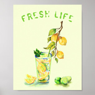Poster met verse citroen koeldrank - Aangepaste te