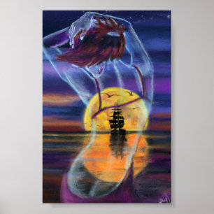 Poster met vrouw bij zee zonsondergang