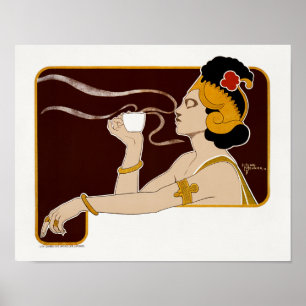 Poster met vrouw die een glaasje koffie omhoog hou