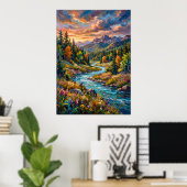 Poster met wilde bloemen aan berg rivier (Thuiskantoor)