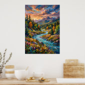 Poster met wilde bloemen aan berg rivier (Keuken)