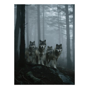 Poster Meute de loups de la forêt brumeuse