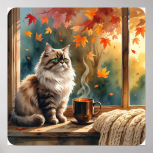 Poster Mews du matin - Chat avec café et art Feuille