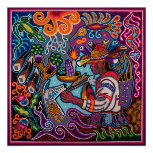 Poster mexicain huichol - Chasseur et cerf (Devant)