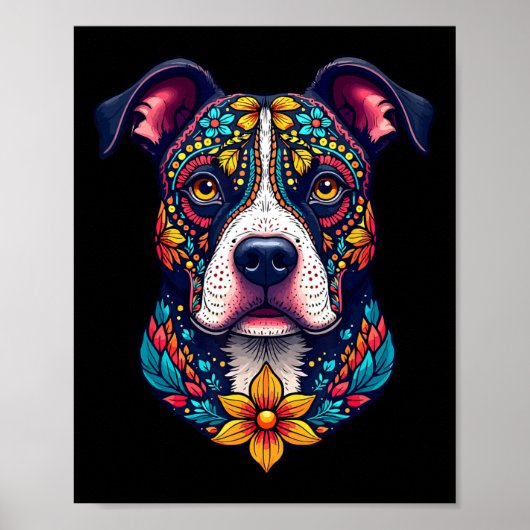 Poster Mexican Sugar Skull Pitbull Dog Dia De Muertos Hal (Devant)