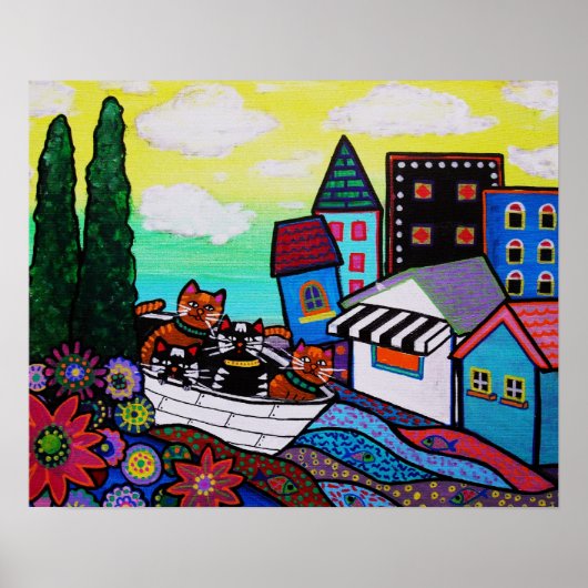 POSTER MEXICAN TOWN CAT BOAT PAINTING (Devant)