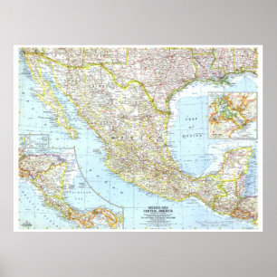 Poster " Mexico and Central America: 1961 Detailed MAP...