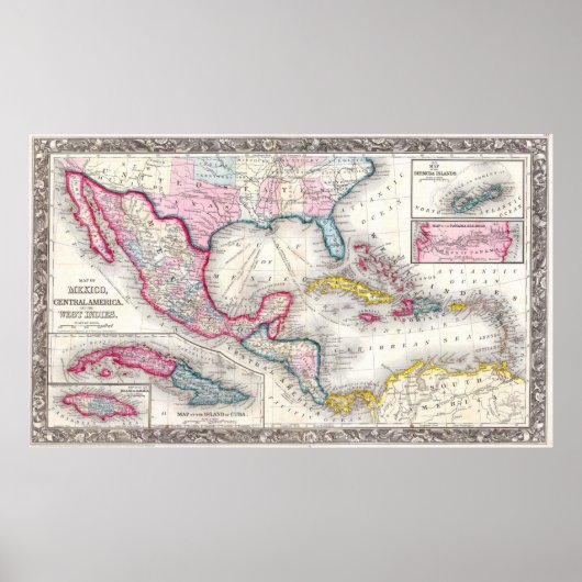 Poster Mexique, Amérique centrale et carte des Caraïbes ( (Devant)