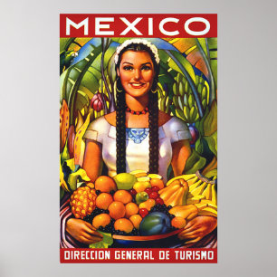 Poster Mexique, femme souriante avec des fruits tropicaux