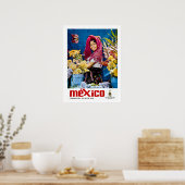 Poster Mexique, fille souriante avec des fleurs, vintage, (Cuisine)