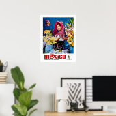 Poster Mexique, fille souriante avec des fleurs, vintage, (Bureau à domicile)