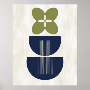 Poster Mi-siècle Moderne Abstraite Botanique Bleu Vert