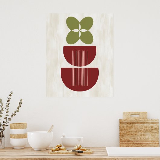 Poster Mi-siècle Moderne Abstraite Botanique Rouge Vert (Cuisine)