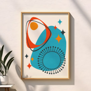 Poster Mi-siècle moderne Bleu Atomique Rouge Orange Abstr