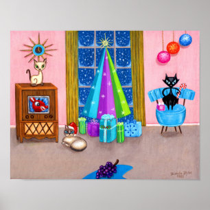 Poster Mi-siècle moderne Noël de l'âge atomique chats TV