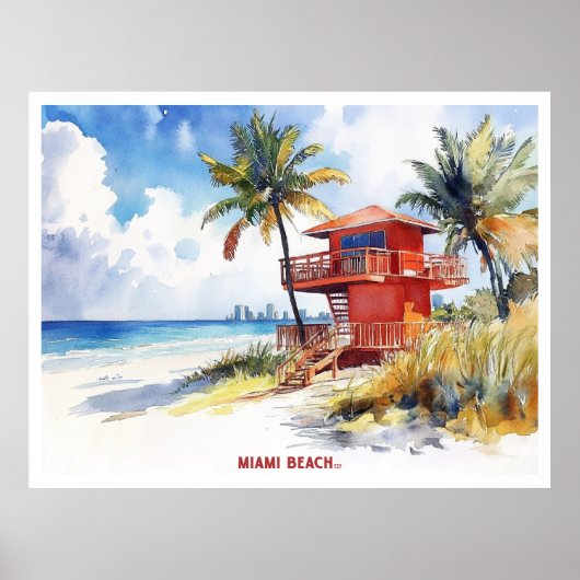 Poster Miami Beach, Floride carte postale peinture aquare (Devant)