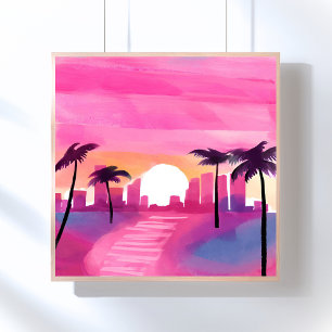 Poster Miami en Rose   Peinture Aquarelle Brillante