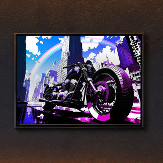 Poster Miami Vice Synthwave Motorcycle Neon Rainbow Art