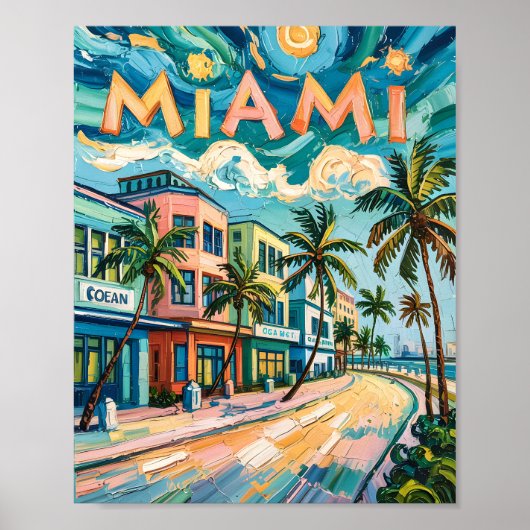 Poster Miami's Ocean Drive Art in Van Gogh's Style Travel (Devant)