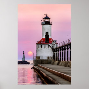 Poster Michigan City Lighthouse et Sundown Sailboat