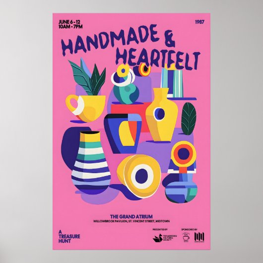 Poster Mid-Century Ceramics Print Pink Abstract Vase Art (Devant)