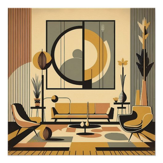 Poster Mid Century Interior Design Autumn Hues Livingroom (Devant)