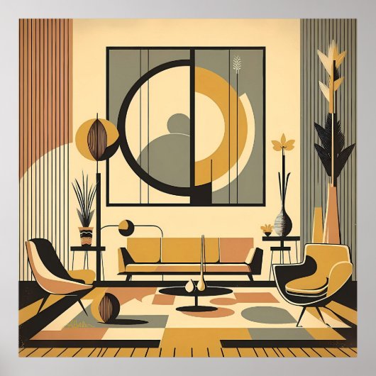 Poster Mid Century Interior Design Autumn Hues Livingroom (Devant)