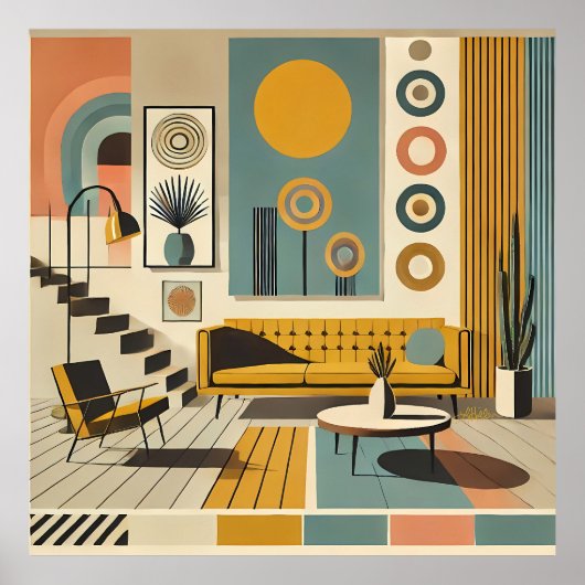 Poster Mid Century Interior Design Dessert Livingroom (Devant)