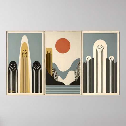 Poster Mid Century Modern Art Mountain Lake Sunrise (Devant)