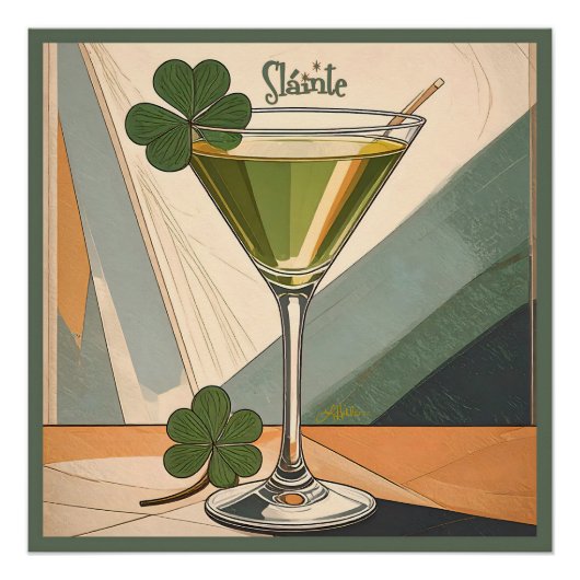Poster Mid Century Modern Art Shamrock Martini Sláinte! (Devant)