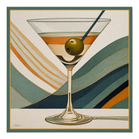 Poster Mid Century Modern Martini Cocktail Heure (Devant)