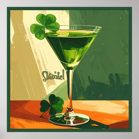 Poster Mid Century Modern Shamrock Martini Sláinte!  (Devant)