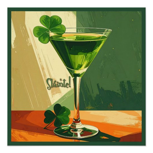 Poster Mid Century Modern Shamrock Martini Sláinte! (Devant)