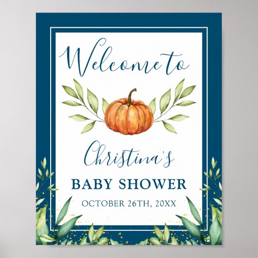 Poster Midnight Blue Pumpkin Fall Baby Shower Welcome (Devant)