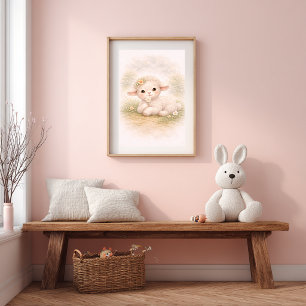 Poster Mignon agneau bébé et fleurs pour la chambre de nu
