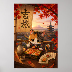 Poster Mignon anime japonais chat kimono mont Fuji automn
