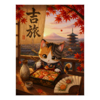Mignon anime japonais chat kimono mont Fuji automn
