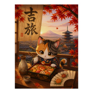 Poster Mignon anime japonais chat kimono mont Fuji automn