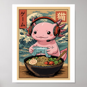 Poster Mignon Axolotl Joueur Ramen Art Alimentaire de Jeu
