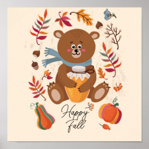 Poster Mignon bébé ours d'automne avec miel et texte pers